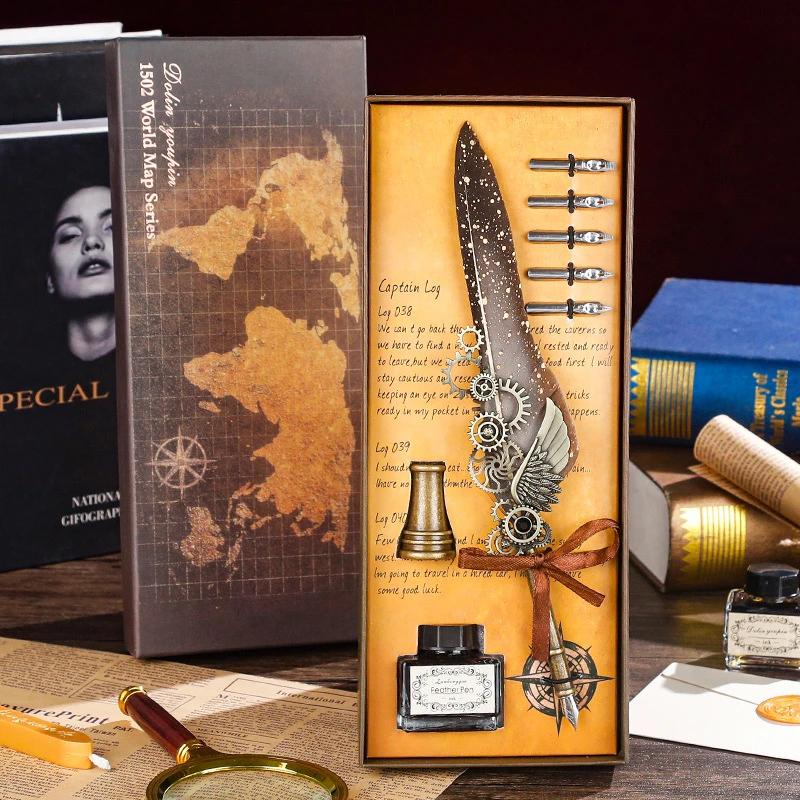 Luxury Fountain Pen Set Vintage Sprinkling Gold Feather Pens Ink Bottle Calligraphy Writing Dip Pen-s Birthday Gift 5 Nib Quill