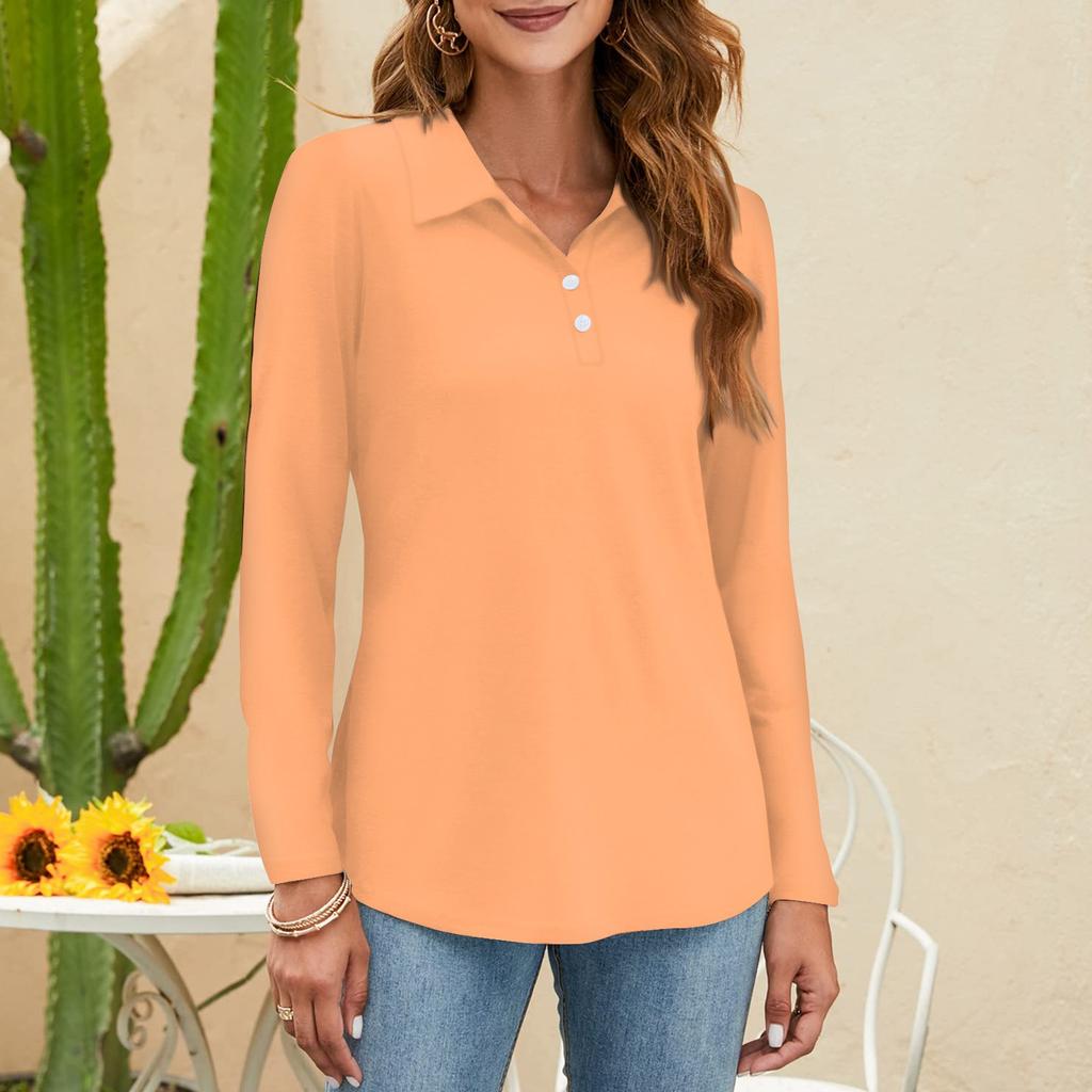 Женская мода однотонная рубашка с воротником на пуговицах и V-образным вырезом, длинным рукавом, свободная рубашка
