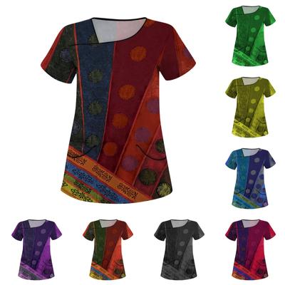 Женский повседневный ретро-принт с коротким рукавом, косым воротником и двойными карманами