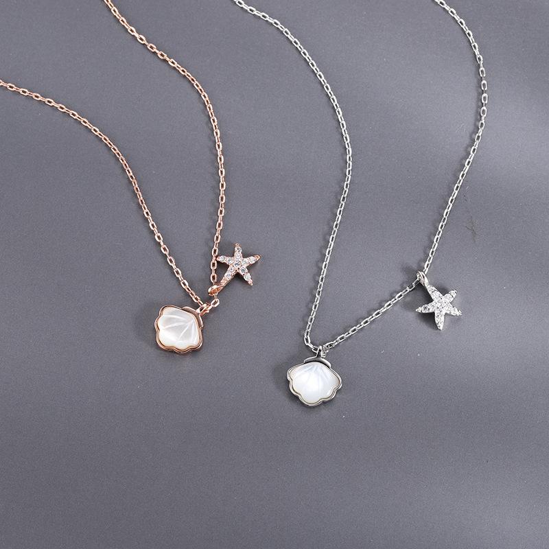 Real 925 Sterling Silver Crystal Shell Starfish Charm Pendant Necklace For Women Wedding Party Jewelry Gift Choker Collar