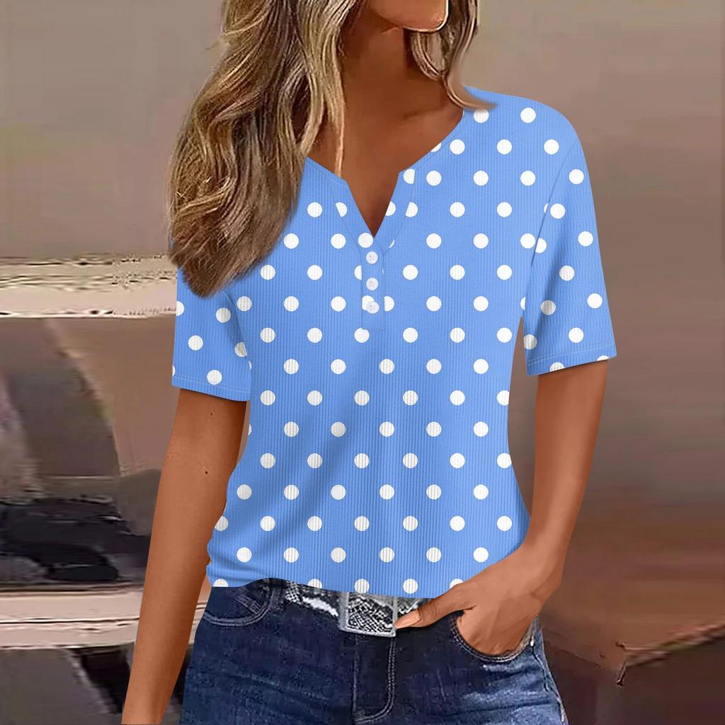 Women's Casual Printed V-Neck Short Sleeve Decorative Button T-Shirt Top