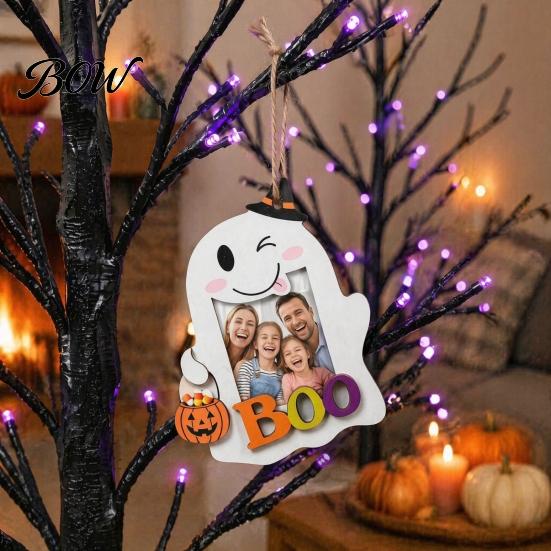 Family Photo Display Frame Halloween Cute Ghost Wooden with Hanging Rope, Creative Handcrafted Wood Holder Picture for Holiday Party Decor And
