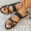 Large Size Flat Bottom Set of Toe Slippers Women's Simple Woven Belt Lightweight Beach Cool Slippers Slippers