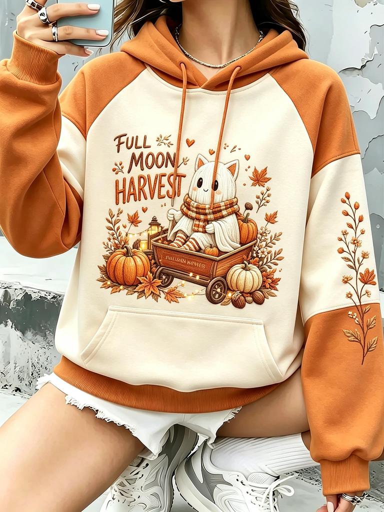 Womens Cozy Halloween Fleece Hoodie Harvest Ghost Art Print Raglan Hooded Sweatshirt Tops