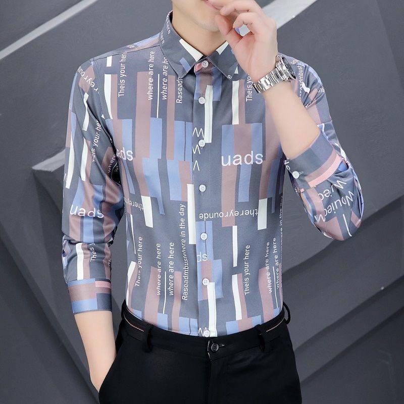 Smart Casual Sping Autumn Shirts Men Lapel Letter Printing Single Breasted Trend Fashion All-match Elastic Slim Long Sleeve Tops