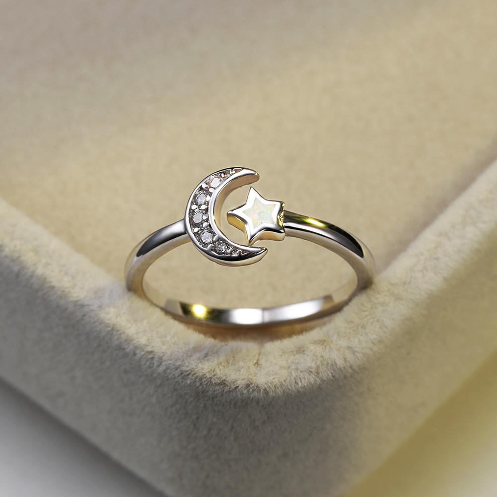 Fashionable White Star Micro Inlaid White Diamond Moon Opening Womens Versatile Ring