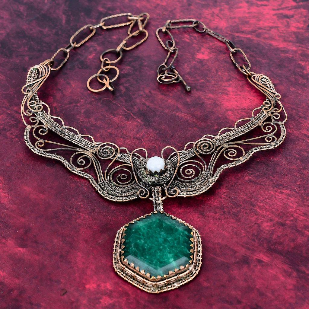 Граненый замбийский изумрудный колье Лунный камень колье Медная проволока обернутые украшения Регулируемая цепочка колье