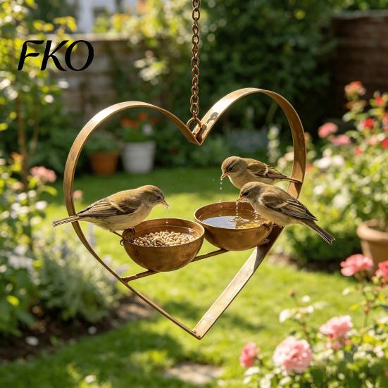 Backyard Bird Feeder Metal Heart Feeder, Outdoor Hanging with 2 Bowls, Garden for Wild Birds Sparrows