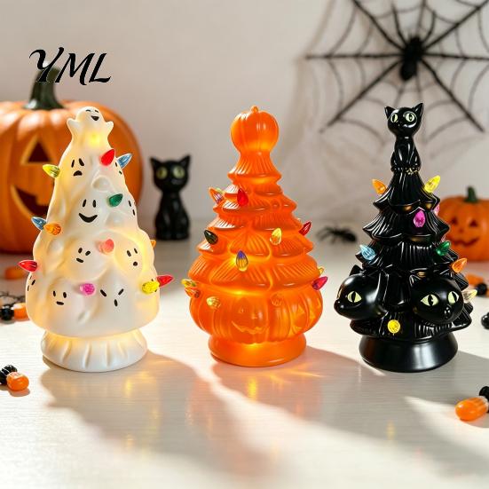 Decorative Lights for Parties Halloween Tree Decorations, Lighted Resin Figurine with Pumpkin Black Cat Holiday Scene Decor Ghost, Battery-Powered