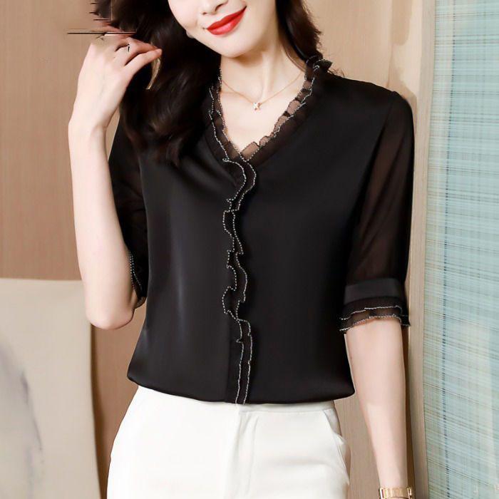 Элегантная женская шифоновая рубашка корейская блузка офисная кружевная сетка длинный рукав оборки V-образный вырез топы повседневные винтажные пуловеры блузы