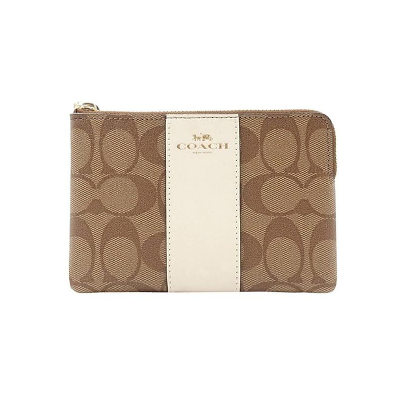 Coach Угловая молния 16 Пресбиопия Кожаная сумка для маджонга Кошелек Сумка на запястье Клатч Маленькая женская Хаки Белый