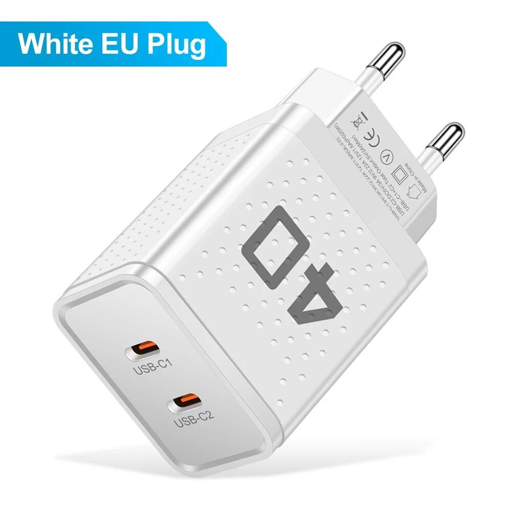 Общая мощность 40 Вт 2 порта USB C Зарядное устройство Быстрая зарядка Type C для iPhone 14 15 Xiaomi Samsung Адаптер Quick Charge QC 3.0