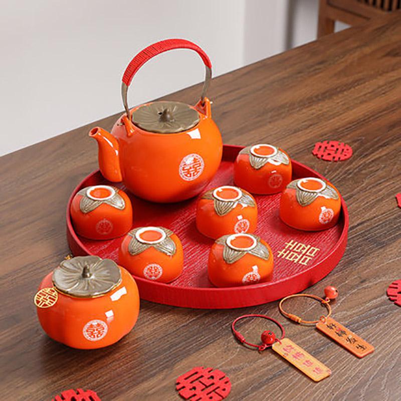 Бытовой чайный сервиз «Двойное счастье», фарфоровый чайник, чайница «Хурма», красная свадьба, контейнер для хранения чая