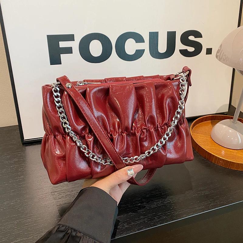 Женская сумка через плечо из ПУ, однотонная, плиссированная, с цепочной строчкой на молнии, универсальные сумки через плечо