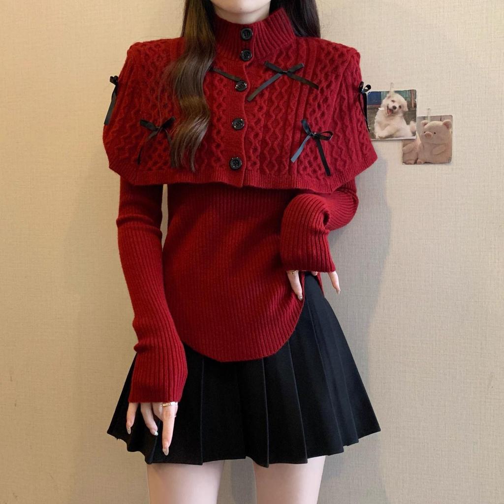 Женский рождественский красный вязаный свитер: Полувысокий воротник, накидка-шаль с длинным рукавом на осень 2025 года