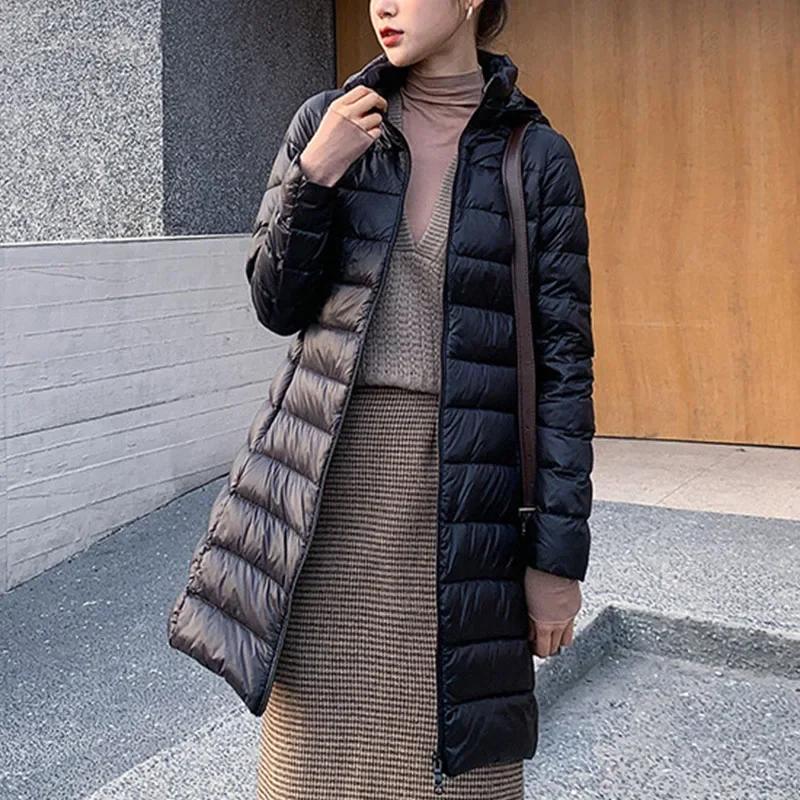 Winter Women Slim Down Coats Remove Hooded Parka Solid Color Female Long Light Thin Outerwear Lady Fashion Warm Puffer Jackets