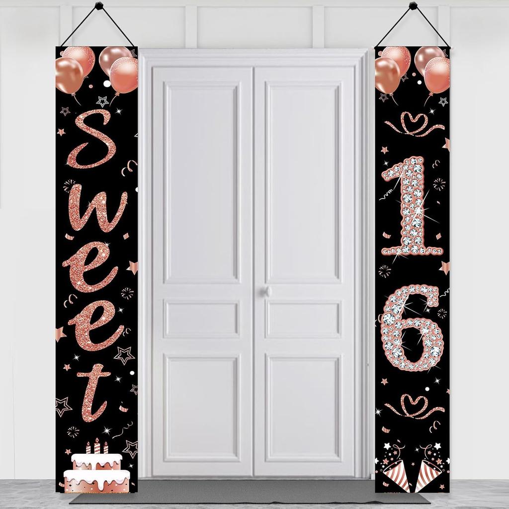 Sweet 16 Party Decorations, Black Rose Gold Happy 16th Birthday Decorations for Girls Sixteen Year Old Birthday Door Banner Porch Sign Party Supplies