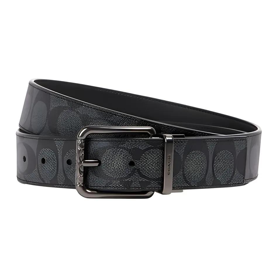 COACH Coated Canvas Calfskin Leather Belts Men's Gray / Black Width 3.8cm (Unisex) Leather Belts 91283 QBMI5