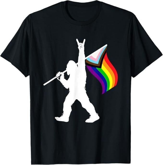 Bigfoot Rock On LGBTQ Progressive New Pride Flag T-Shirt