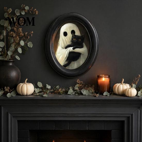 Holiday Gift for Art Lovers Halloween Gothic Oval Wooden Hanging Plaque, Vintage Black Cat Ghost Wall Waterproof Wood Decor Sign, Retro Decorative