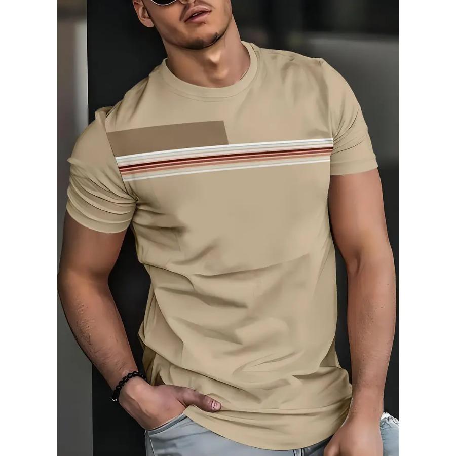 Футболка мужская с круглым вырезом и коротким рукавом - мягкая слегка эластичная полиэстеровая ткань, узор в полоску, повседневная, весна-лето