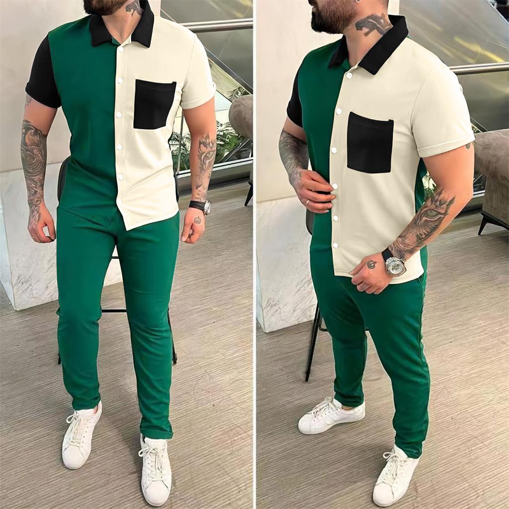 Autumn Men's Fashion Casual Color Matching Set Men's Shirt Short Sleeved Long Pants Trend Casual Sports Set