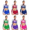 Women Cheerleading Uniform Set Long Sleeve Cross Strap Crop Top Dance Skirt Rhinestone Dancewear Performance Outfit