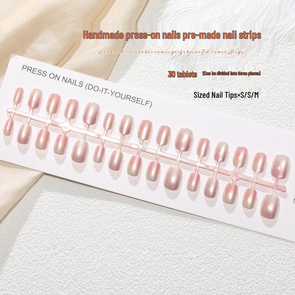 T431# Pink Gradient Cat Eye Short Round Nail Art Powder - Wearable Nail Pieces (XS/S/M)