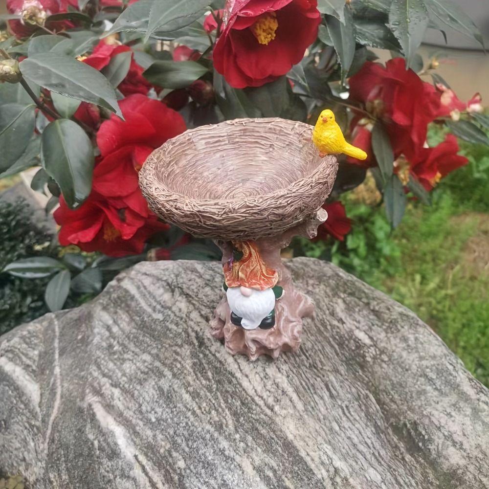Resin Bird Feeder Dwarf Design Bird Water Bowl Fairy Garden Decoration Art Statue  Outdoor