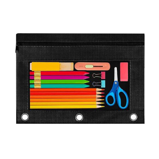 Пенал большой емкости с 3 кольцами, прозрачным окошком, застежкой-молнией и ручкой