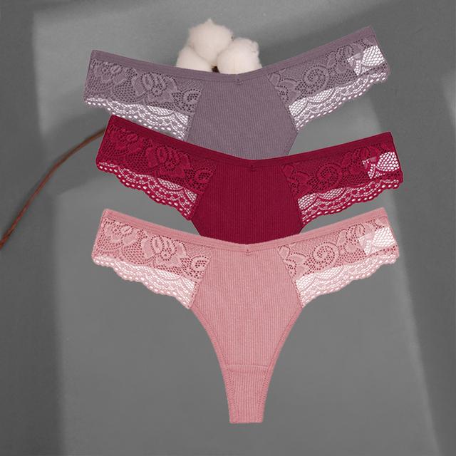 FINETOO Women's Cotton Thongs 3Pcs/set Lace Bikini Underpants S-XL Ladies G-string Underwear Soft Thong Panties Female Lingerie