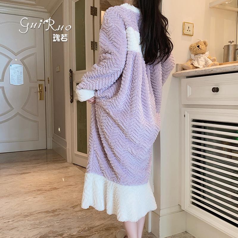Women's Warm Plush Low Cut Square Neck Long Sleep Dress Lounge Set