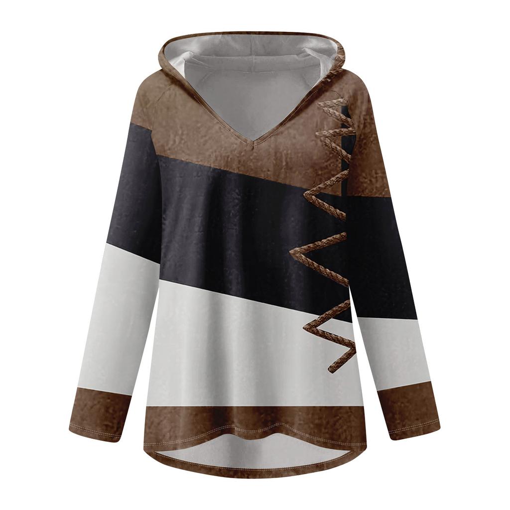 Women's V-neck Hooded Loose Long-sleeved Tops Casual Tops Home Leisure Pajamas Tops