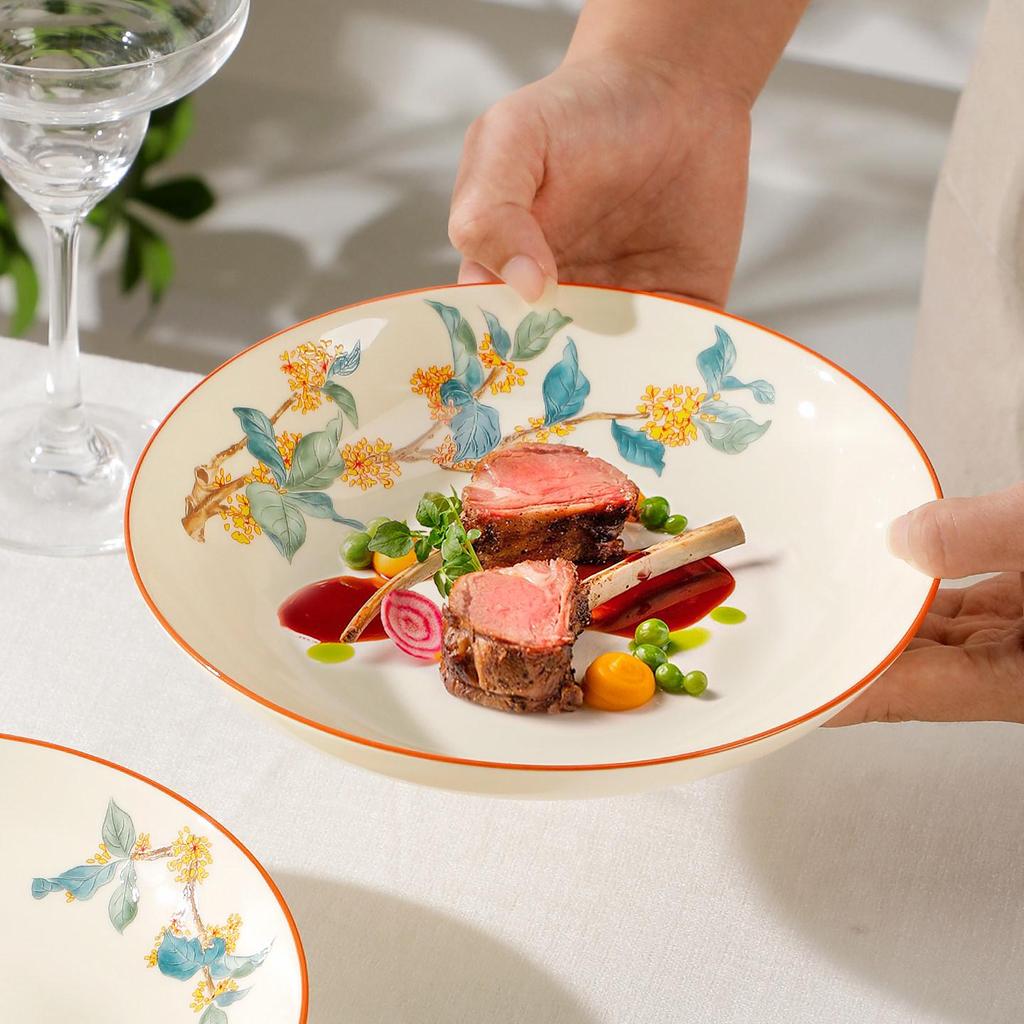 Керамическая обеденная тарелка «Золотая осень и османтус» - Глубокая суповая и круглая тарелка в китайском стиле Коллекция 2025