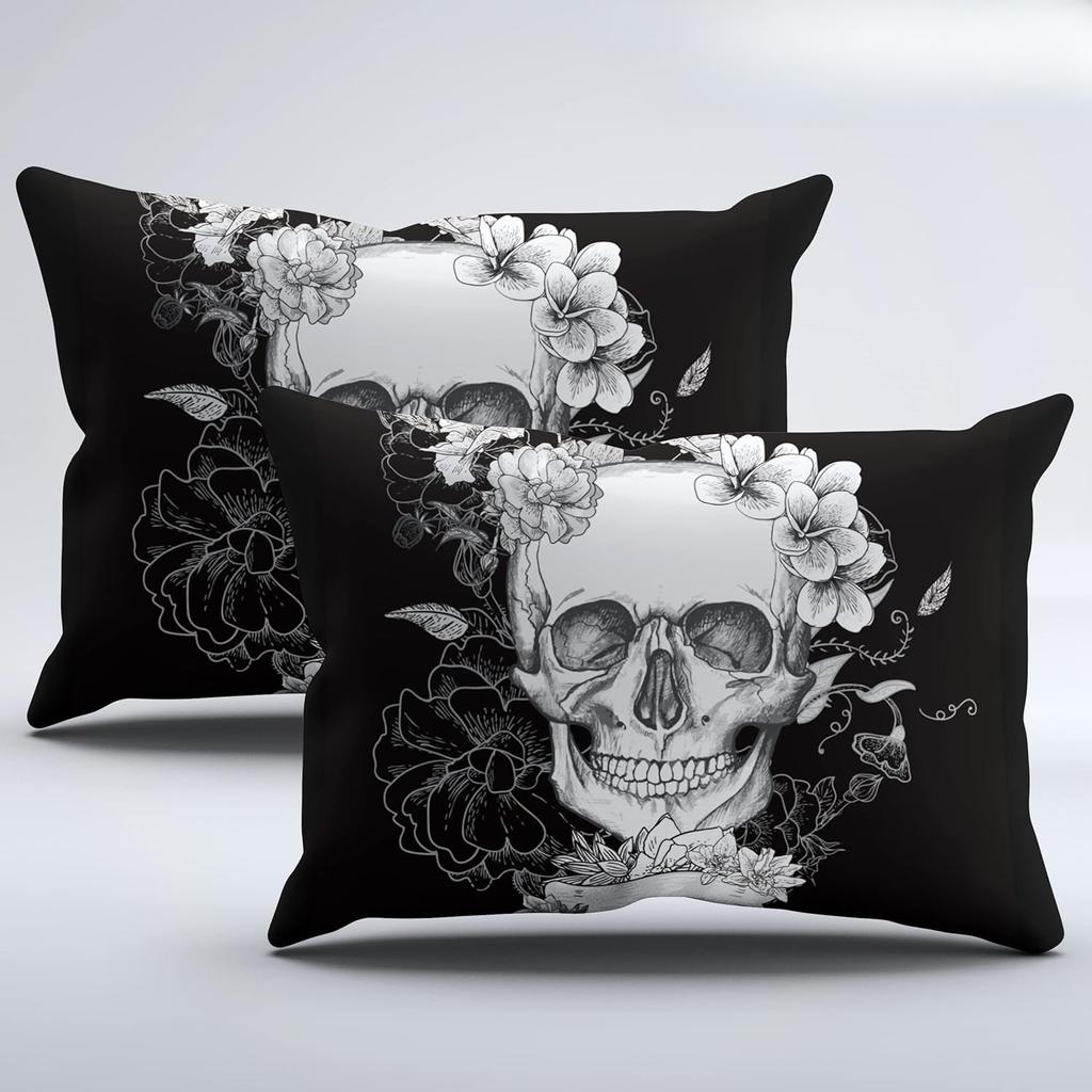 3D Printed Fashionable Boutique Skull and Rose Super Soft Ultra-fine Fiber Bed Sheet Set, Children and Adults Full-size with Zip