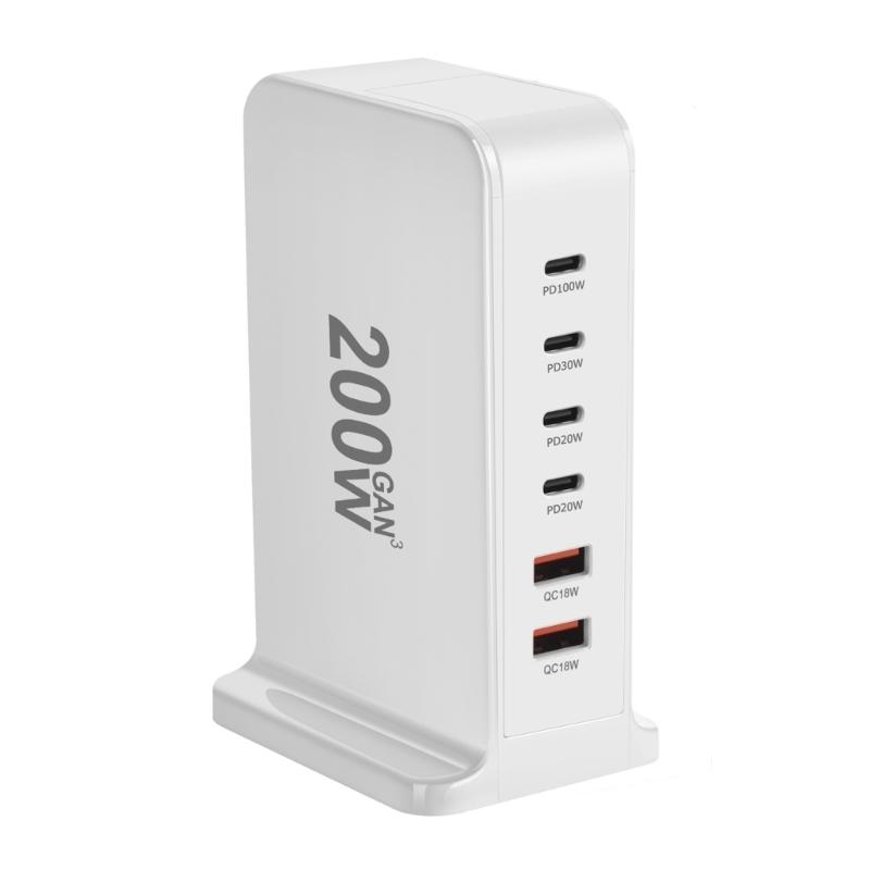 Зарядное устройство USB C 200 Вт Блок быстрой зарядки 6-портовая зарядная станция Кирпичик Зарядное устройство для ноутбука 2 USB+4 Type C для путешествий дома