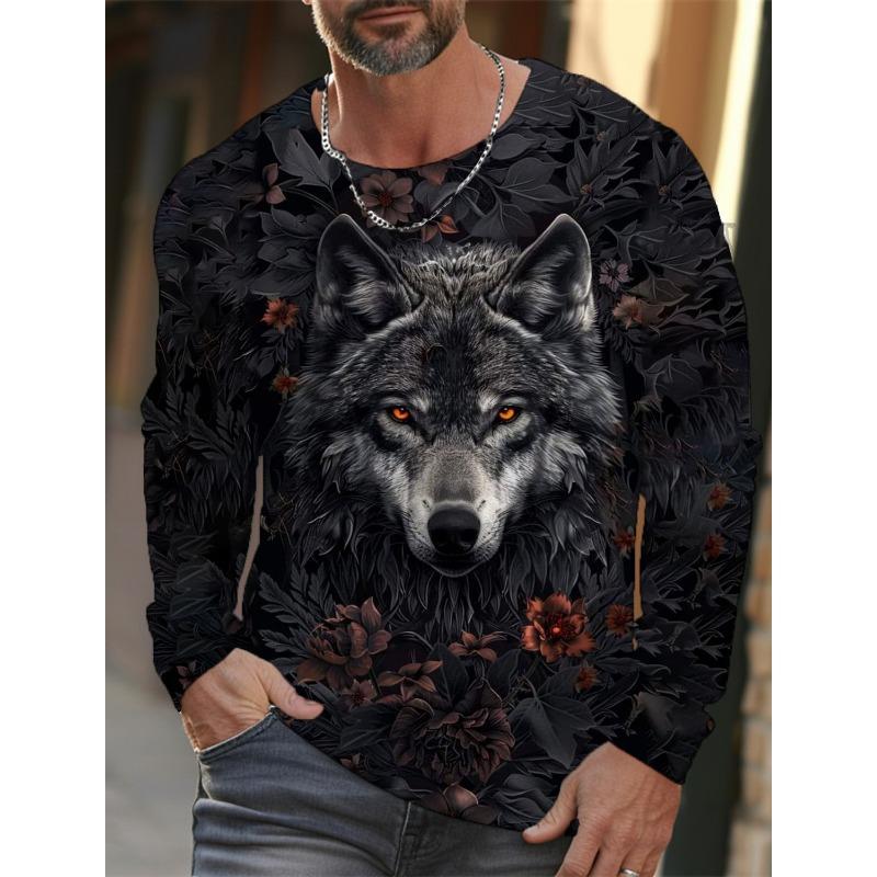 Футболка с длинным рукавом с рисунком волка для мужчин, повседневная футболка с принтом животных в стиле 3D, уличная одежда