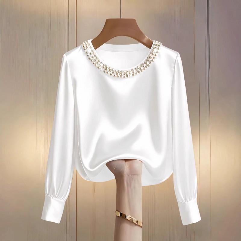 Elegant French-Inspired Pearl-Embellished Satin Blouse Women Round Neck Long Sleeve Office Shirt In Solid Colors