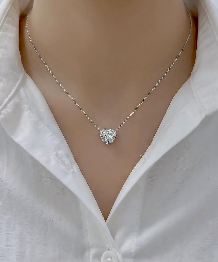 Helene Jewelry Серебро 925 пробы Ожерелье с мозанитом 1 карат, огранка «сердце», с ореолом