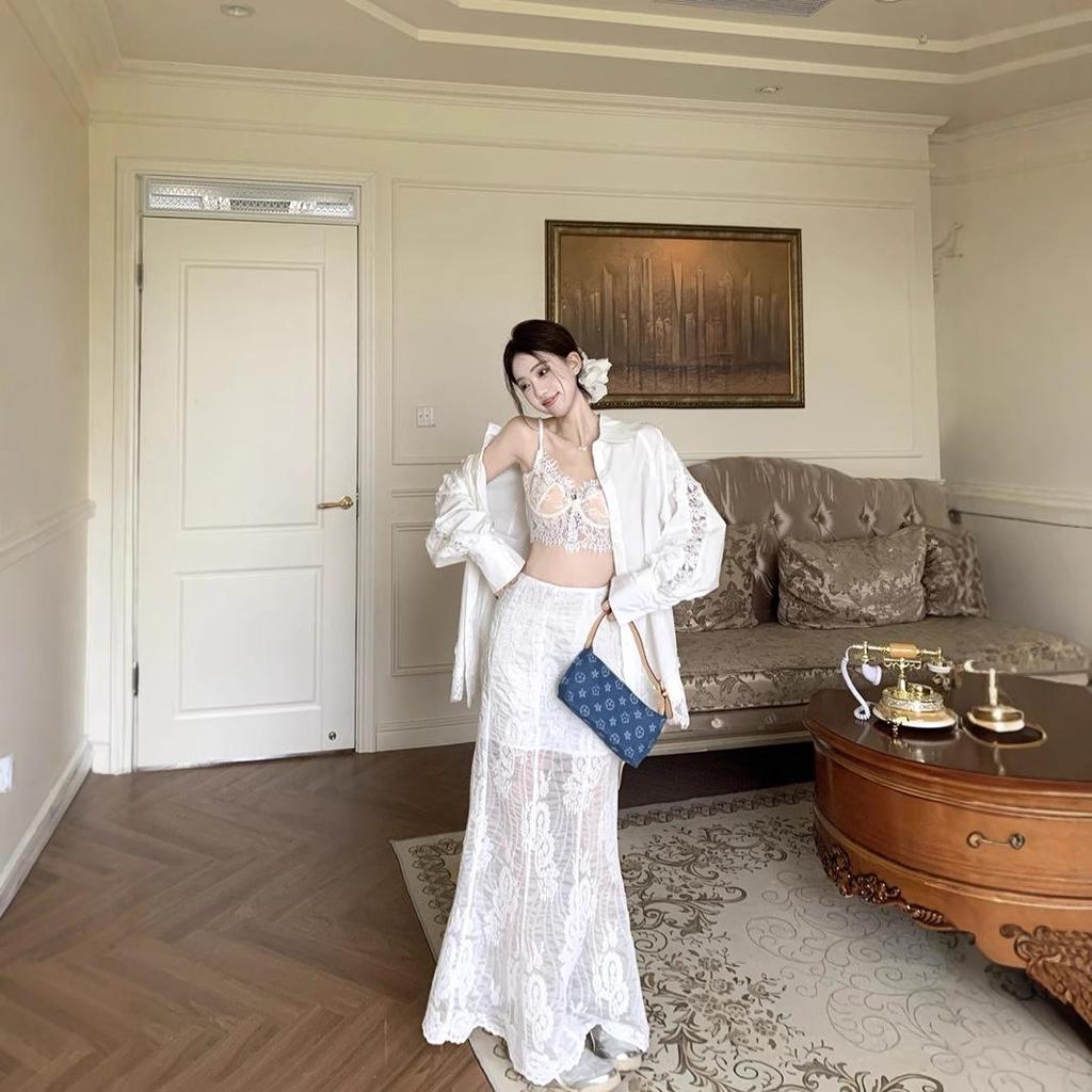 Korean Lace Long-Sleeved Shirt with Suspenders & White Fishtail Maxi Skirt - Women's Three-Piece Set for Spring/Summer 2025