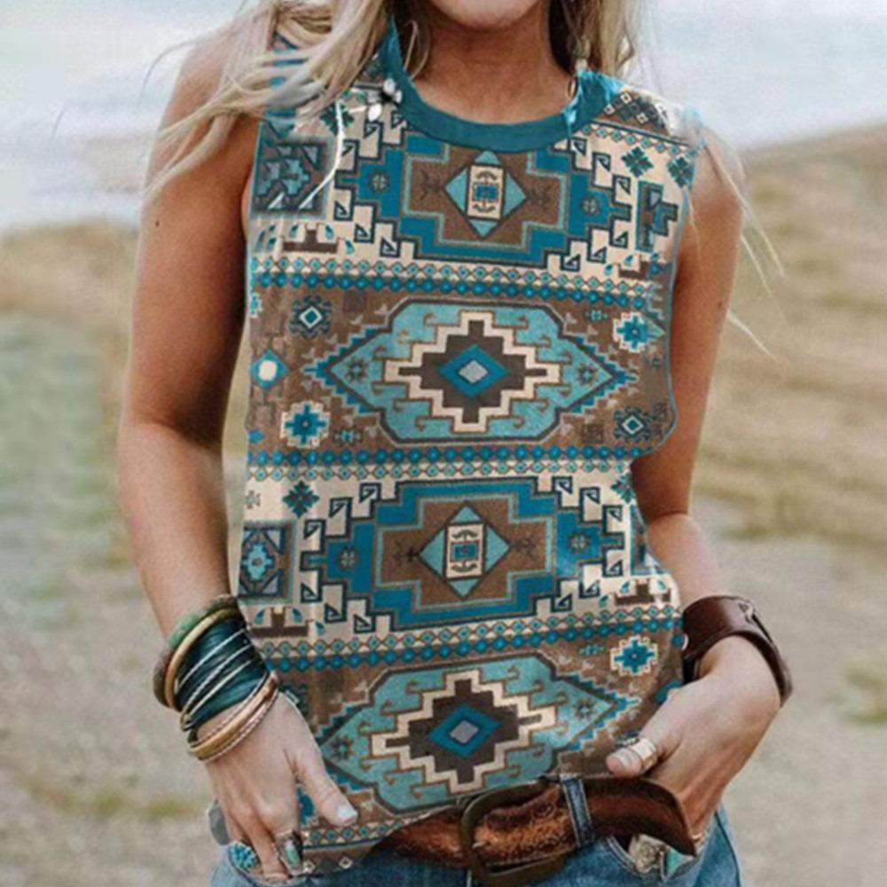 Геометрия 3D принт в западном этническом стиле майки женские повседневные свободные жилеты без рукавов с открытыми плечами Y2k майка женская одежда