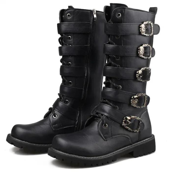 Fashion Large Size Men's Leather Motorcycle Boots Mid-calf Combat Boots Gothic Belt Punk Boots Men Shoes Tactical Boot 2025