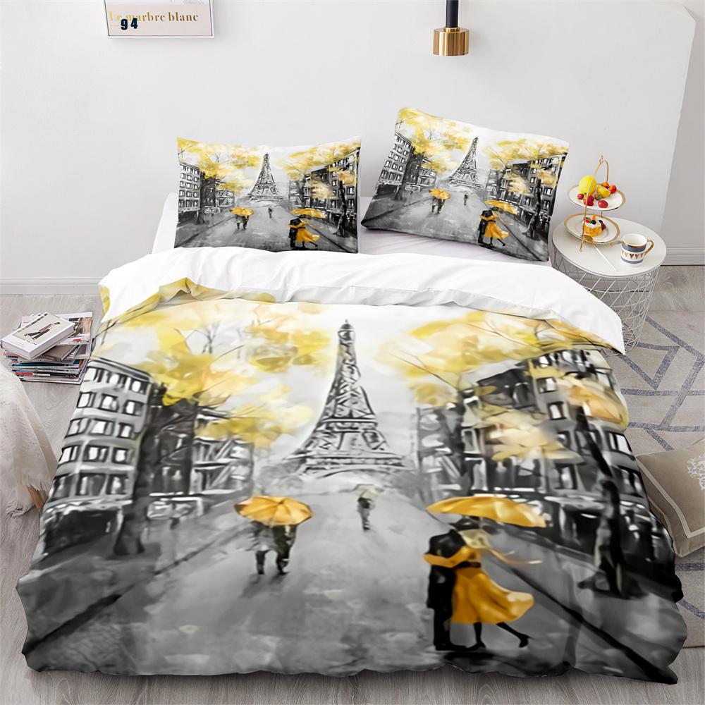 Paris Eiffel Tower Themed Duvet Cover Set City Landscape Sky Cloud Comforter Cover Home Decor Romantic Bedspread Cover King Size