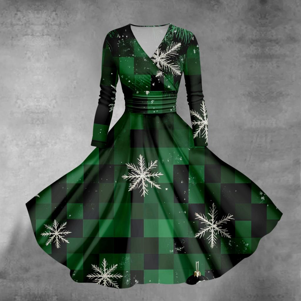 Женское облегающее платье свободного кроя с принтом рождественской елки и снежинок, V-образным вырезом и длинными рукавами