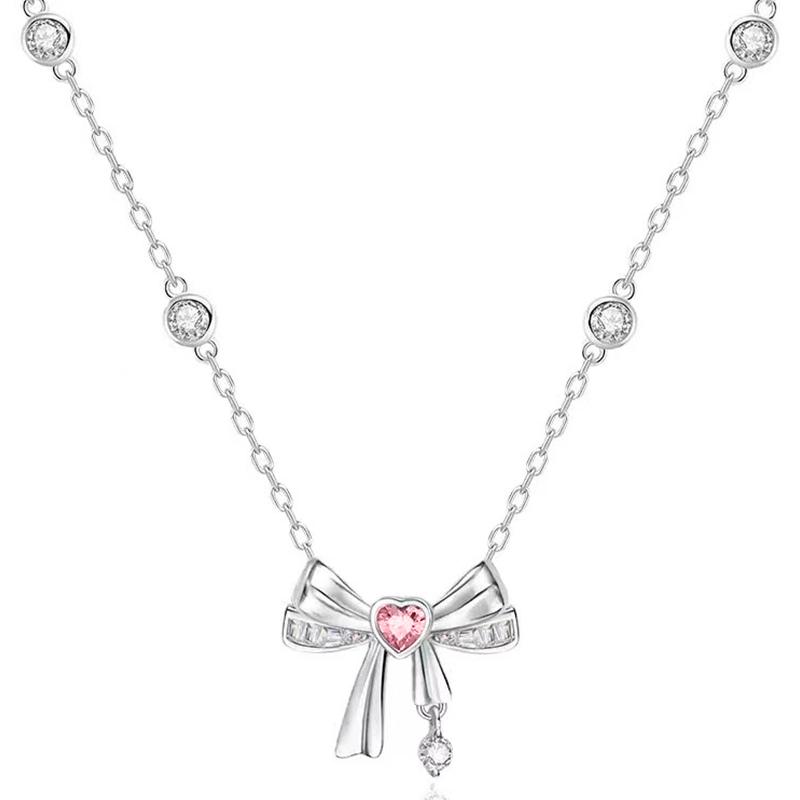 Серебряный цвет бант розовое сердце циркон ключичная цепочка с подвеской милые ожерелья для женщин винтажные ювелирные изделия подарок на вечеринку
