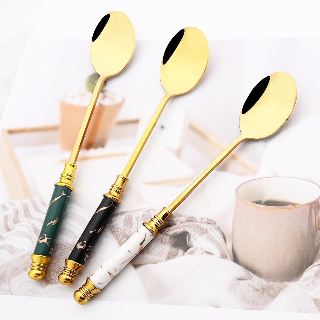 2 шт., золотой, черный, креативный набор кофейных ложек с имитацией мрамора, маленькая ложка из нержавеющей стали, посуда, кухонные аксессуары из серебра