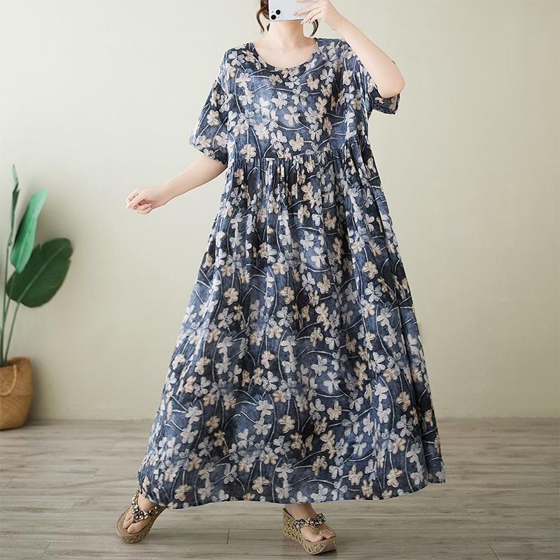 Короткий рукав Плюс размер Хлопок винтажный цветочный новый в платьях для женщин повседневное свободное макси длинное летнее платье