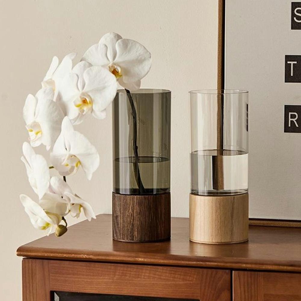 10x25cm Minimalist Flower Vase with Wooden Base PET Transparent Cylinder Vase Living Room Decoration