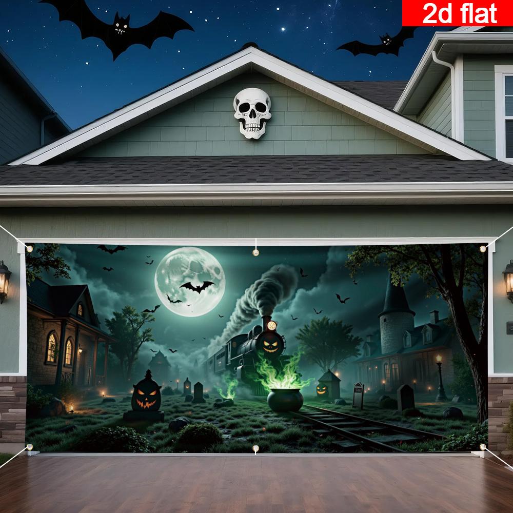 2D door flag, 1 scary Halloween garage door flag, spooky night scene with haunted house and train, glow-in-the-dark bats
