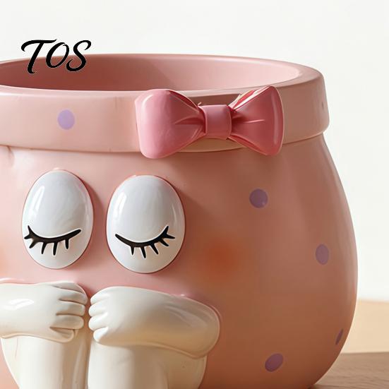 Unique Birthday Gifts for Girls Cute Cartoon Girl Pen Holder, Resin Makeup Brush Decorative Desktop Storage Accessories Organizer with Bow Design,